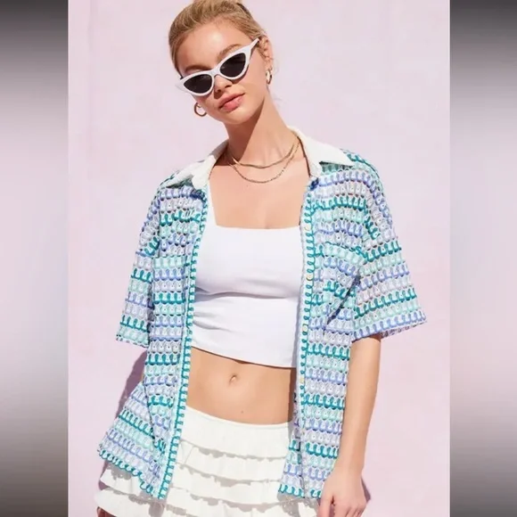 010. Yarn dyed crocheted wide leg short sleeve set - Picture 2 of 3